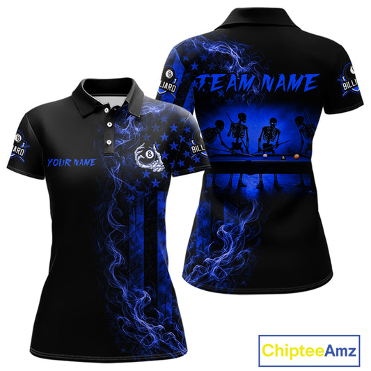 Blue smoke American flag 8 ball billiard polo shirt for women with skeleton graphic