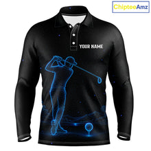 Load image into Gallery viewer, Men's personalized black and galaxy blue golf long sleeves polo shirt, matching couples golf shirt, custom golf apparel, men's golf team uniform