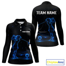 Load image into Gallery viewer, Women's personalized black and galaxy blue golf polo shirt, matching couples golf shirt, custom golf apparel, ladies golf team uniform