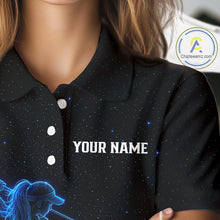 Load image into Gallery viewer, Female golfer wearing personalized black galaxy blue golf polo shirt, custom golf clothing, couples golf outfit