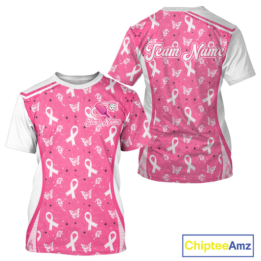 Custom  Pink Ribbon Pickleball T-Shirts For Men Butterfly Breast Cancer Awareness Pickleball Outfits NYN3860