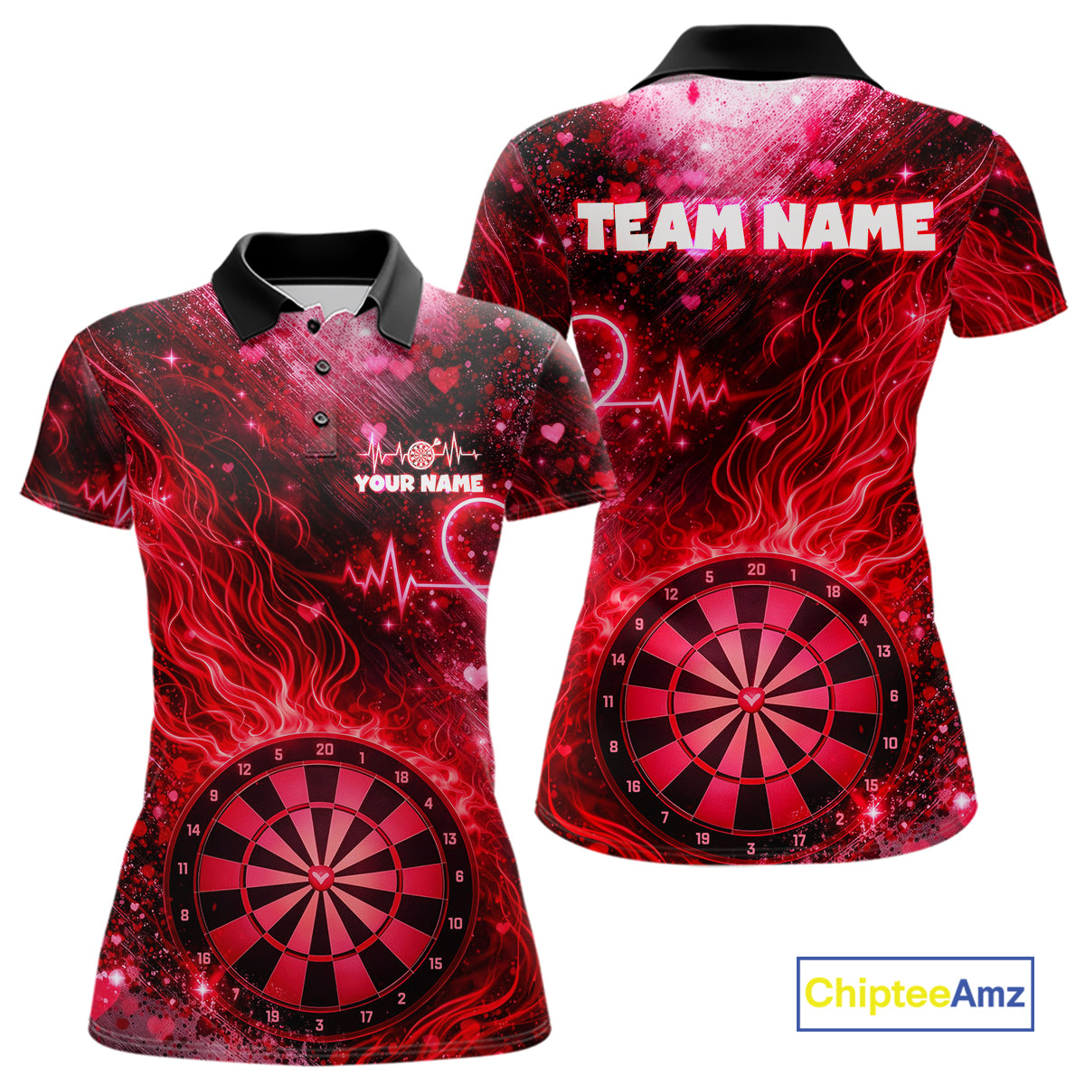 Heart Beat Red Grunge Flame Dartboard Women Darts Valentine Shirt Custom Dart Polo Couple Gifts NYN2535