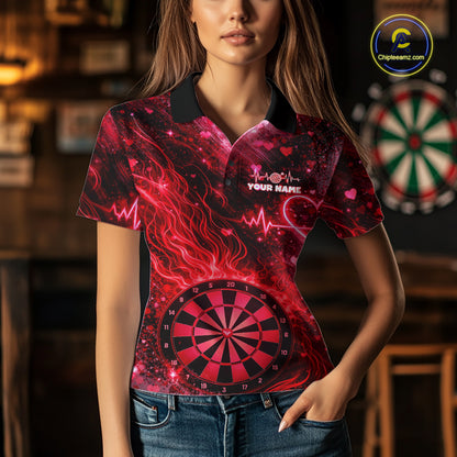 Heart Beat Red Grunge Flame Dartboard Women Darts Valentine Shirt Custom Dart Polo Couple Gifts NYN2535