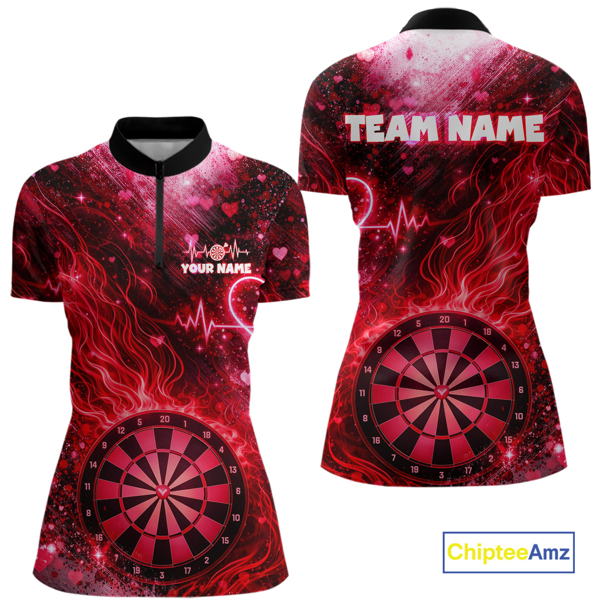 Heart Beat Red Grunge Flame Dartboard Women Darts Valentine Shirt Custom Dart 1/4-Zip Couple Gifts NYN2535