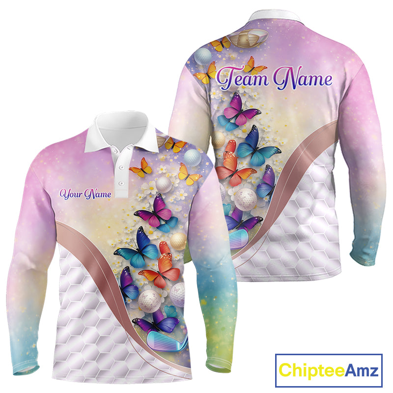 Colorful Butterfly Mens Golf Polo Shirt Custom Name Floral White Golf Ball Clothes Jerseys NYN2911