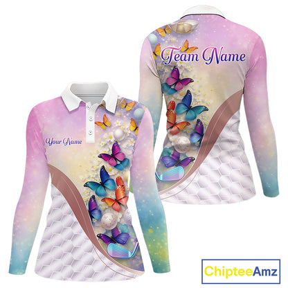 Colorful Butterfly Womens Golf Polo Shirt Custom Name Floral White Golf Ball Clothes Jerseys NYN2911