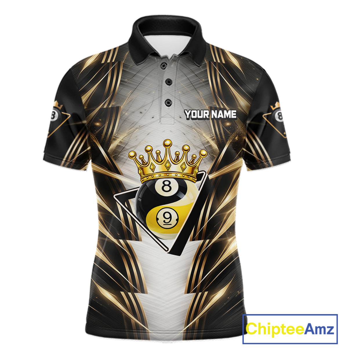 Grey, Black And Gold 8 Ball Crown Billiard Polo & 1/4 Zip Shirt For Men Custom Pool Team Jersey NYN2921