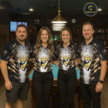 Load image into Gallery viewer, Grey, Black And Gold 8 Ball Crown Billiard Polo &amp; 1/4 Zip Shirt For Men Custom Pool Team Jersey NYN2921
