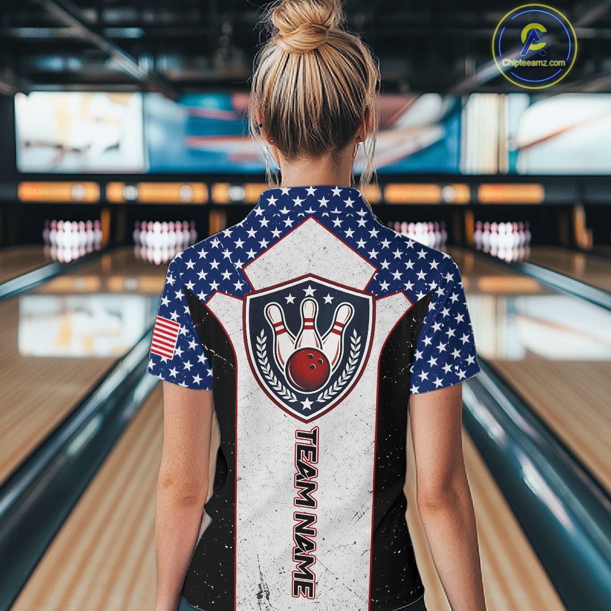 Grunge Patriotic Bowling Jerseys For Women Custom US Flag Bowling Polo 1/4-Zip Shirt, Gift For Bowlers NYN3126