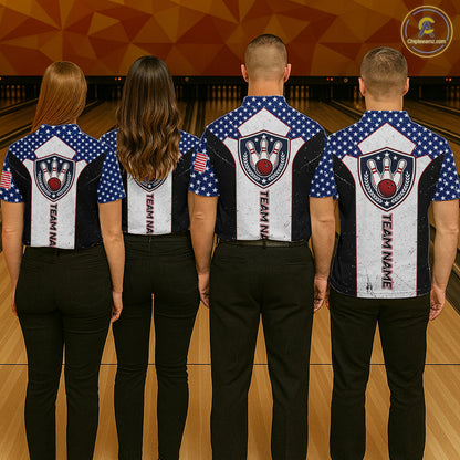 Grunge Patriotic Bowling Jerseys For Men Custom US Flag Bowling Polo 1/4-Zip Shirt, Gift For Bowlers NYN3126