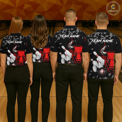 Funny Bull Grunge Red Bowling Polo & 1/4 Zip Shirts For Men Custom Outftis Team Bowling Jerseys NYN3129