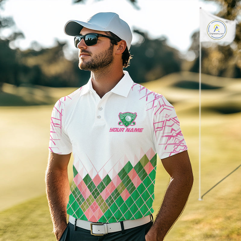 Mens Golf Clothing Green And Pink Argyle Pattern Golf Polo Shirt Custom Golf Upf Shirts NYN2930