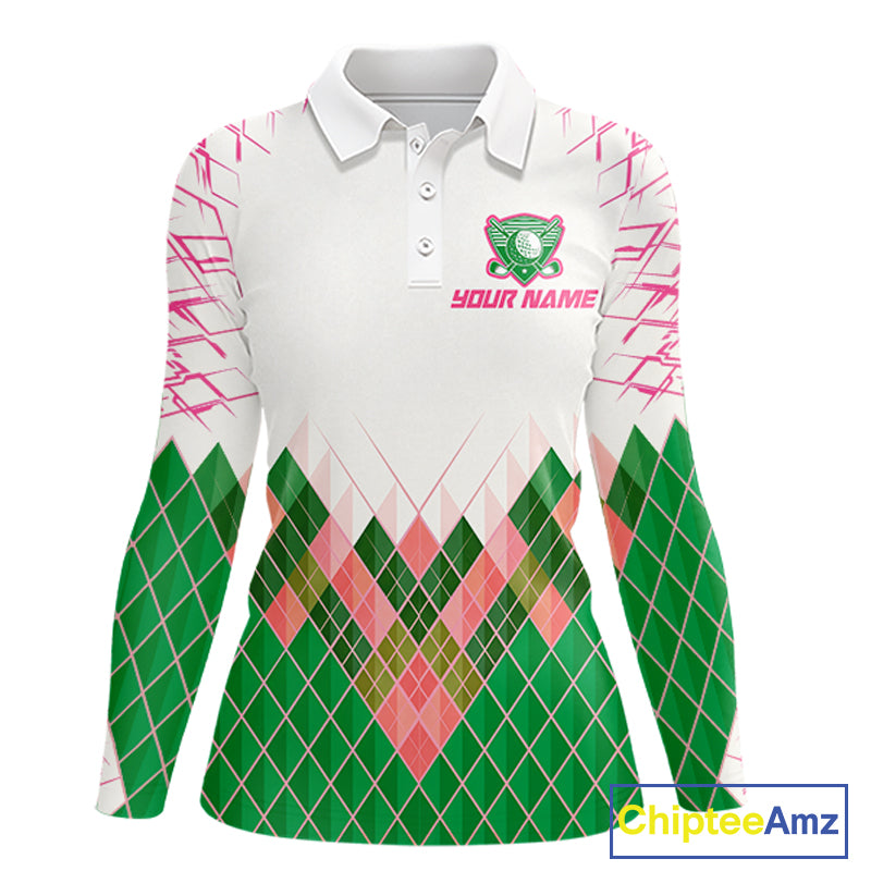 Women Golf Clothing Green And Pink Argyle Pattern Golf Polo Shirt Custom Golf Upf Shirts NYN2930