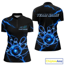 Load image into Gallery viewer, Blue Lightning Thunder Neon Bowling Quarter-Zip Shirt For Women Custom Bowling League Team Jersey