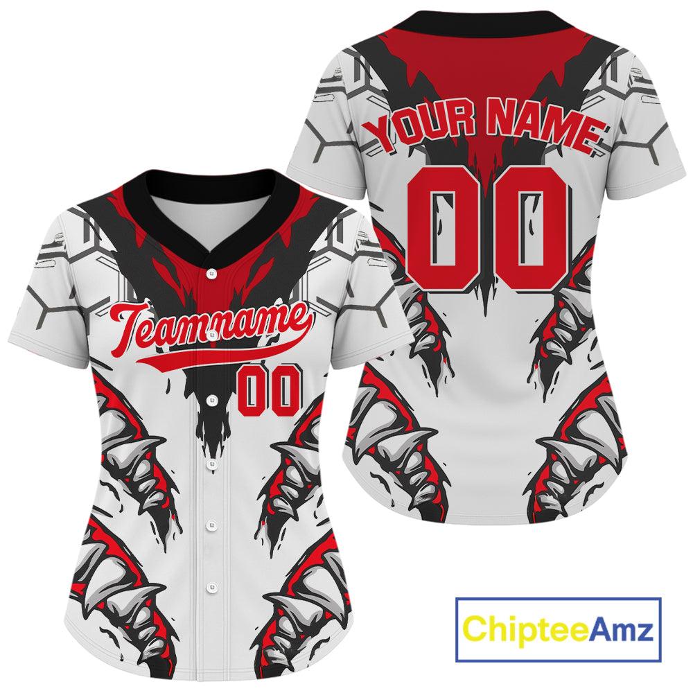 Custom Red And Grey Hexagon Baseball Shirt For Women Horror Baseball Tournament Jerseys NYN1520