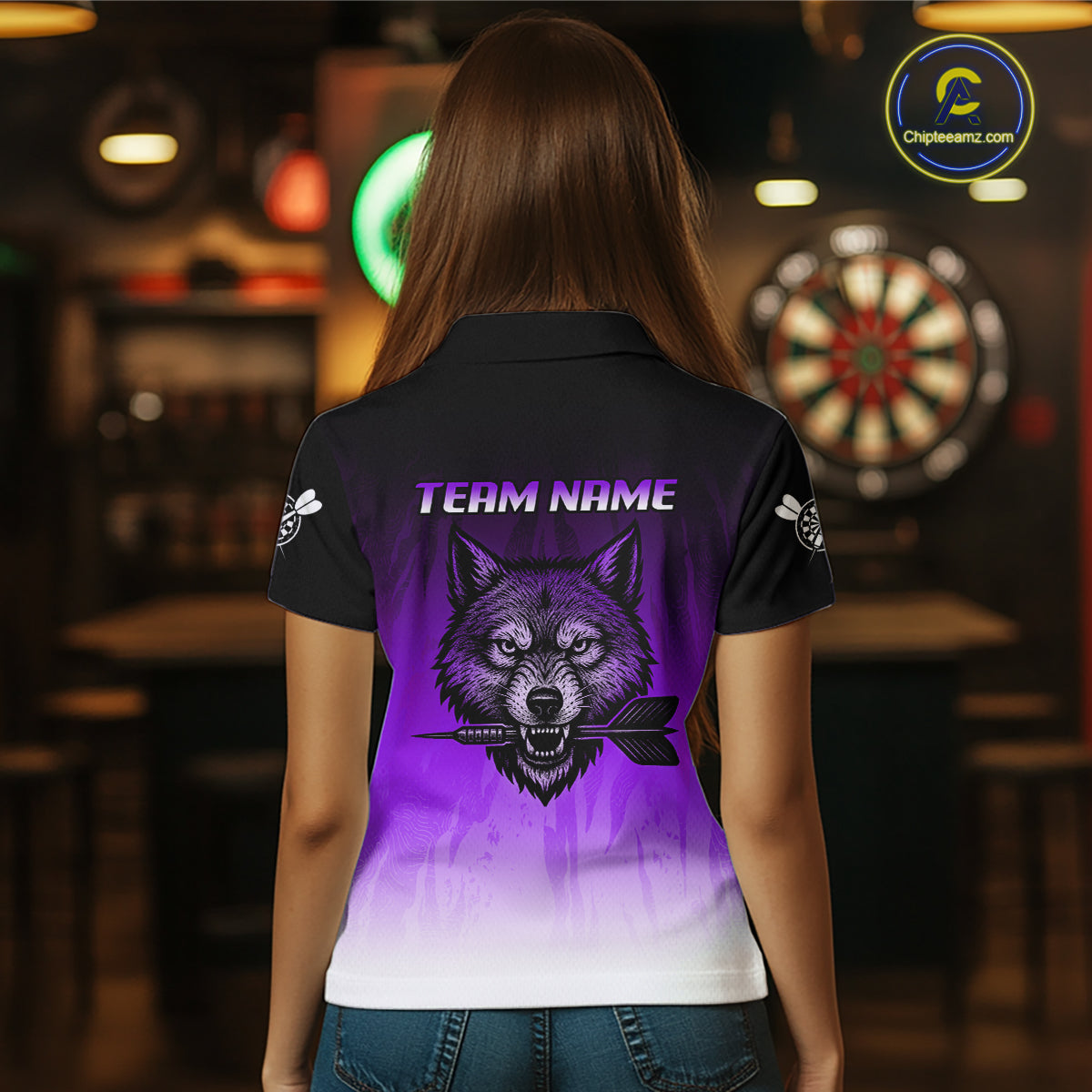 Personalized Wolf-Head Dart Arrows Purple Dart Polo Shirt For Women Dart Team Jerseys NYN2283