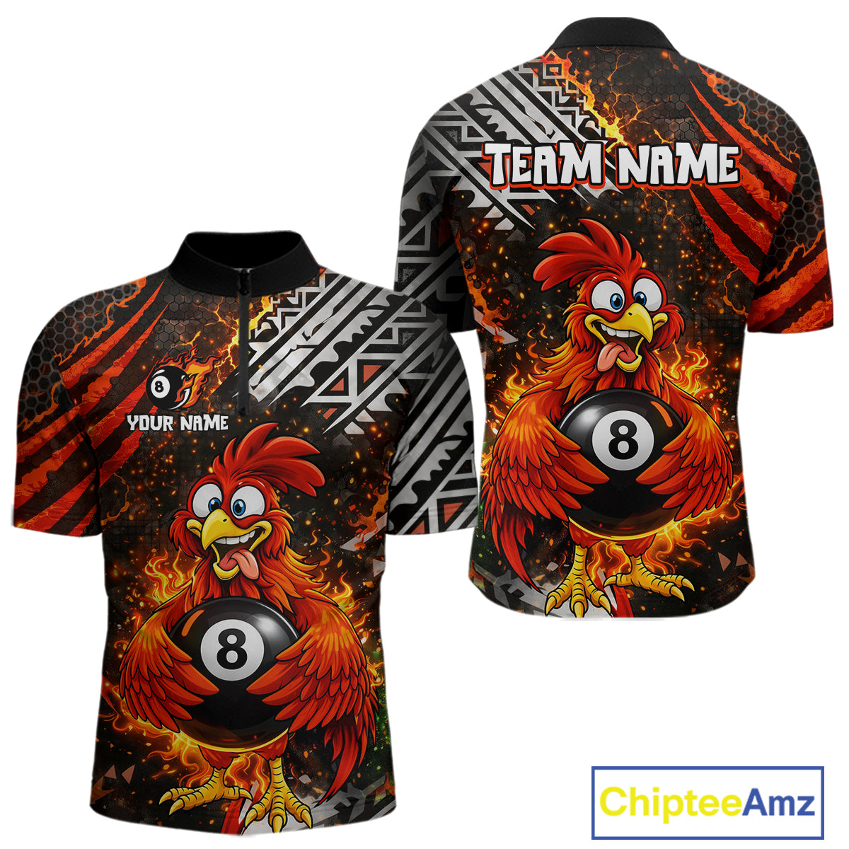 Funny Rooster Plays Pool 8 Ball 3D Billiard Shirt For Men Custom Grunge Flame Billiard Team Attire NYN2566