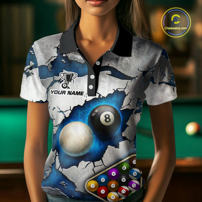 Blue And Grey Cracked 8 Ball Billiard Polo & 1/4 Zip Shirt For Women Custom Billiard Pool Team Shirt NYN2942