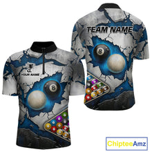 Load image into Gallery viewer, Blue And Grey Cracked 8 Ball Billiard Polo &amp; 1/4 Zip Shirt For Men Custom Billiard Pool Team Shirt NYN2942