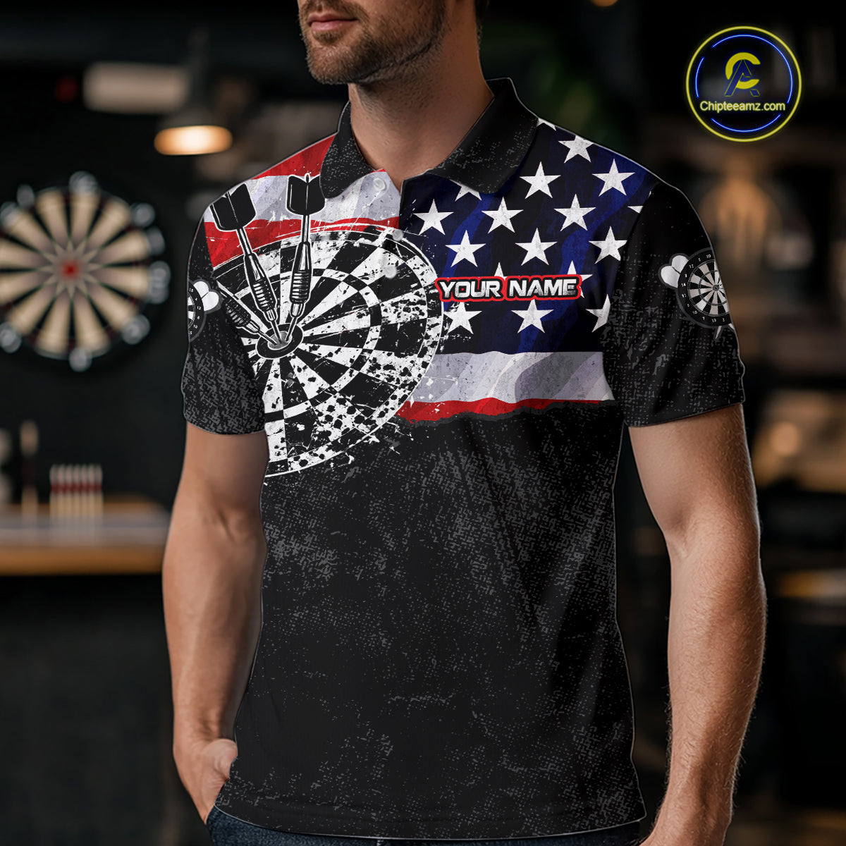 Male model wearing American Flag dart polo, patriotic dart team jersey, confidence, competitive athlete