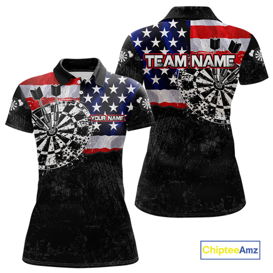 American Flag Grunge Dartboard Women's Dart Polo Shirt, Personalized Patriot Dart Team Jersey, Vintage USA Performance Polo, Freedom, Honor
