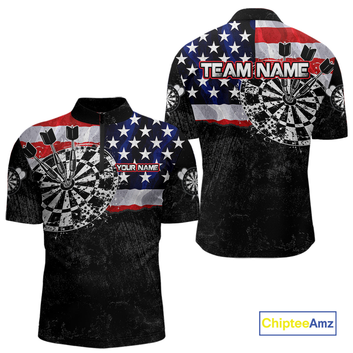 American Flag Men's Quarter-Zip Dart Shirt, Personalized Grunge Dart Team Jersey