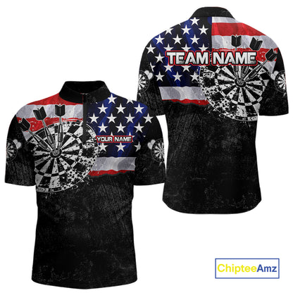 American Flag Men's Quarter-Zip Dart Shirt, Personalized Grunge Dart Team Jersey