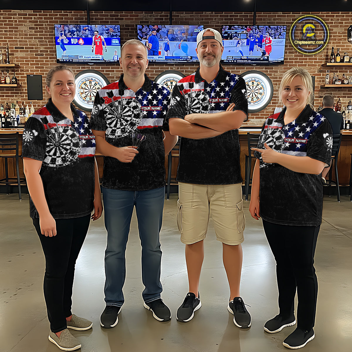 Dart team wearing matching American Flag Grunge jerseys, personalized patriotic uniforms, veterans, Independence Day, teamwork, championship