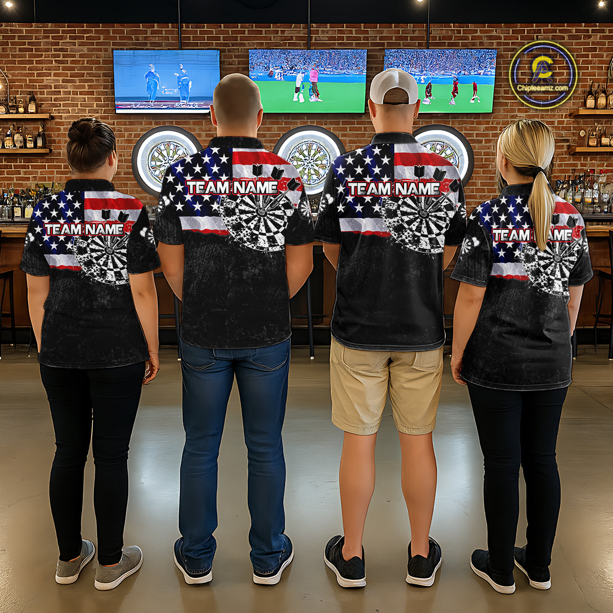 Dart team wearing matching American Flag Grunge jerseys, personalized patriotic uniforms, veterans, Independence Day, teamwork, championship