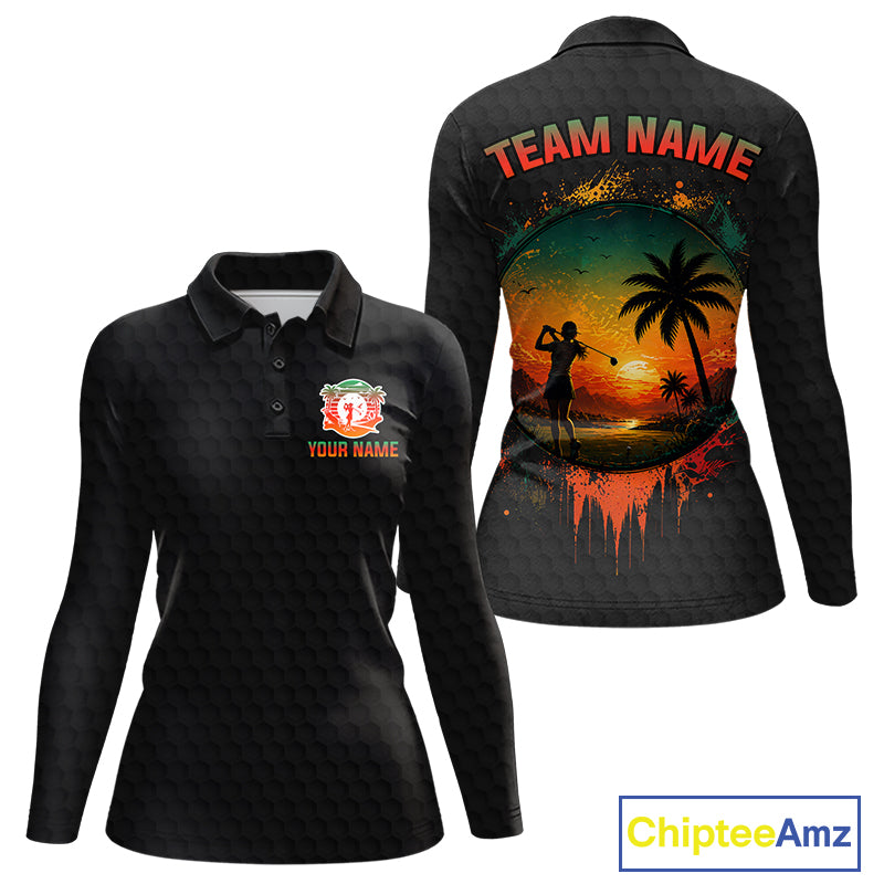 Tropical Black Golf Ball Polo Golf Shirts For Women Custom Splatter Golf Team Attire For Golfers NYN3153