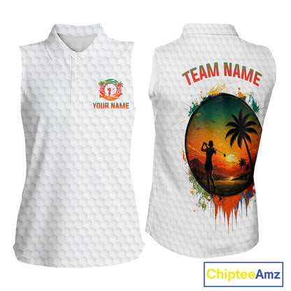 Tropical White Golf Ball Sleeveless Polo Golf Shirts For Women Custom Splatter Golf Team Attire For Golfers NYN3154
