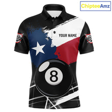 Load image into Gallery viewer, Texas Flag Splash 8 Ball Billiard Polo Shirt For Men, Patriotic Pool Team Jersey, Texas Pool League Apparel