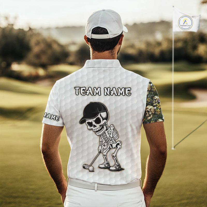 Male golfer wearing tropical skull golf polo at luxury golf resort, ideal for vacation golf, tropical lifestyle and adventurous golfers