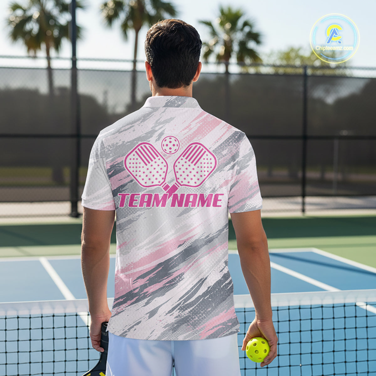 Custom Pink Grey Paint Pickleball Ball & Paddle T-Shirt For Men Outfits Pickleball Jersey NYN2577