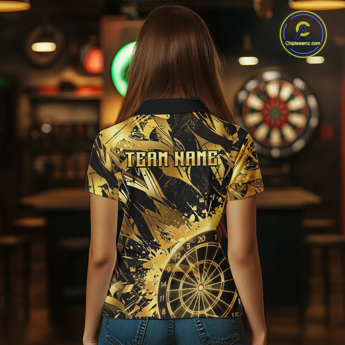 Gold Splatter Dartboard Women Dart Polo & 1/4-Zip Shirt Custom Name Dart Jersey For Darters NYN2965