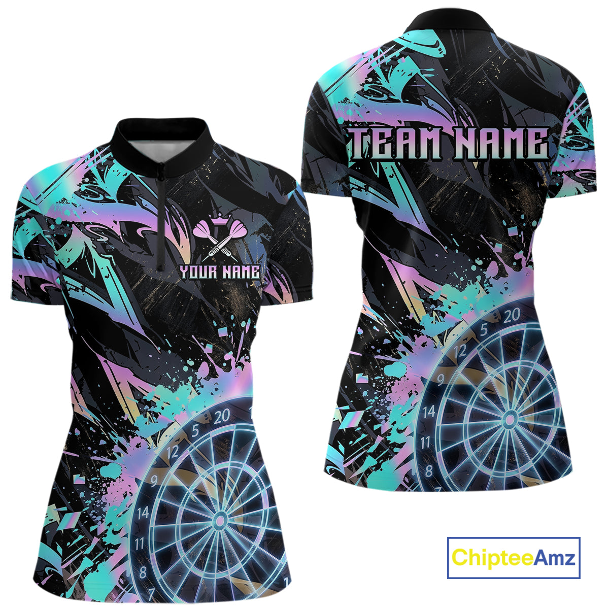 Holographic Splatter Dartboard Women Dart Polo & 1/4-Zip Shirt Custom Name Dart Jersey For Darters NYN2966