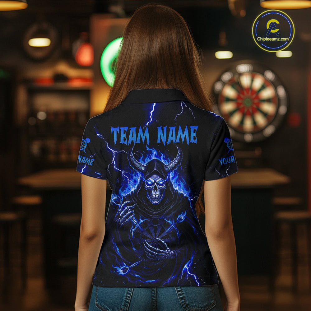 Blue Neon Flaming Grim Reaper Women Darts Polo Jerseys Custom Name Dart League Shirt NYN2065