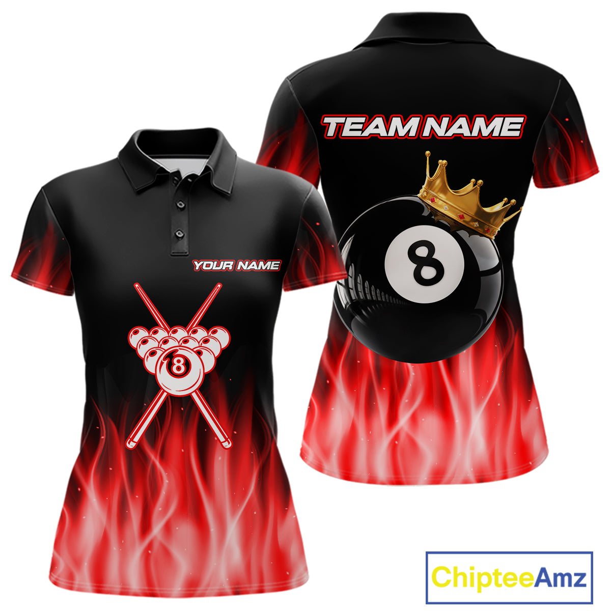 Custom Red Flaming Crown 8 Ball Billiard Shirts For Women Personalized Billiard Attire Gifts NYN2323