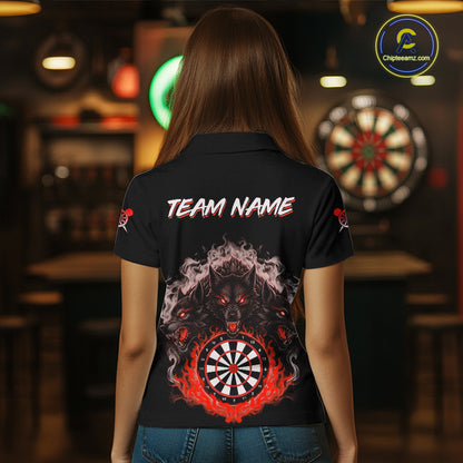Grey And Red Flames Wolf Custom Women's Funny Dart Polo Shirts Team Dart League Jerseys NYN2081