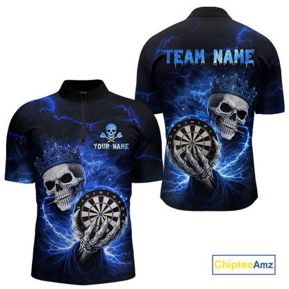 Black And Blue Thunder Crown Skull Dartboard Women Darts Quarter-Zip Shirt Custom Darts Team Jersey NYN2608