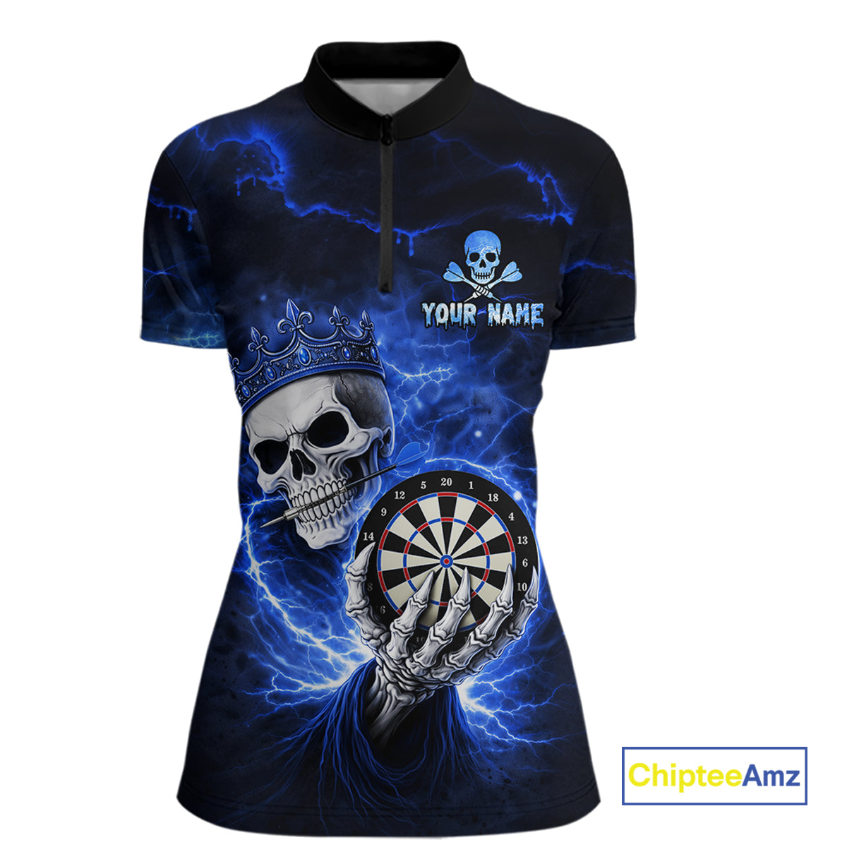 Black And Blue Thunder Crown Skull Dartboard Women Darts Quarter-Zip Shirt Custom Darts Team Jersey NYN2608