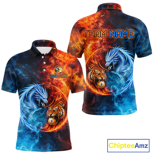 Dragon 8 Ball Tiger 9 Ball Men's Billiard Polo Shirt, Water Fire Pool League Jersey, Personalized Performance Apparel