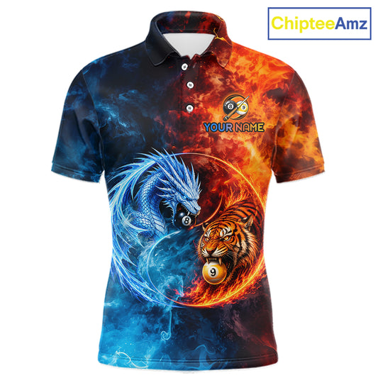 Dragon 8 Ball Tiger 9 Ball Men's Billiard Polo Shirt, Water Fire Pool League Jersey, Personalized Performance Apparel