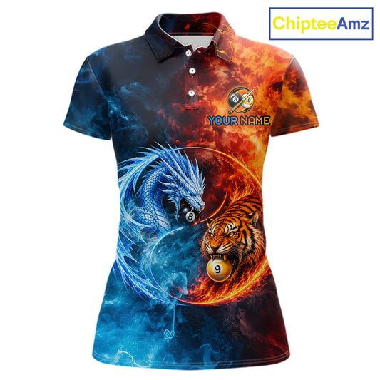 Dragon 8 Ball Tiger 9 Ball Women's Billiard Polo Shirt, Water Fire Pool Team Jersey, Personalized Dragon Tiger Cue Sports Apparel, Mythical Tournament Uniform