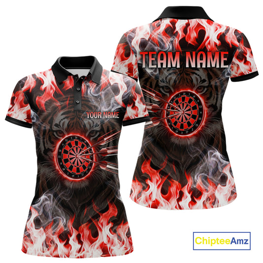 Red Flaming Tiger Women Dart Polo Shirts Personalized Name & Team Fire Flame Dart Jerseys NYN2102