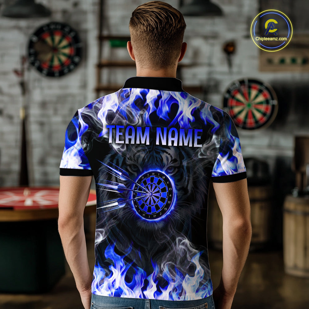 Blue Flaming Tiger Men Dart Polo Shirts Personalized Name & Team Fire Flame Dart Jerseys NYN2103