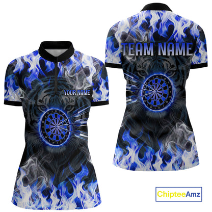 Blue Flaming Tiger Women Dart 1/4-Zip Shirts Personalized Name & Team Fire Flame Dart Jerseys NYN2103