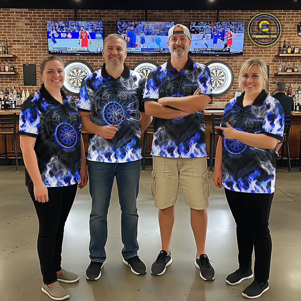 Blue Flaming Tiger Men Dart Polo Shirts Personalized Name & Team Fire Flame Dart Jerseys NYN2103