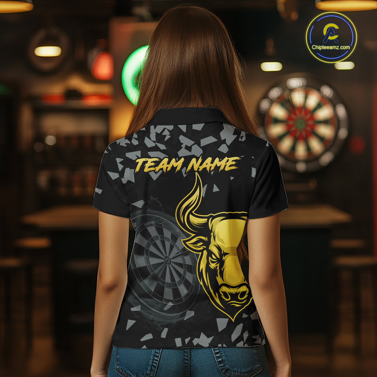 Bull & Dartboard Custom Grunge Women Darts Polo Shirt Yellow Darts Team Jersey NYN2352