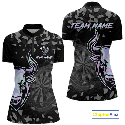 Bull & Dartboard Custom Grunge Women Darts 1/4-Zip Shirt Holographic Darts Team Jersey NYN2353